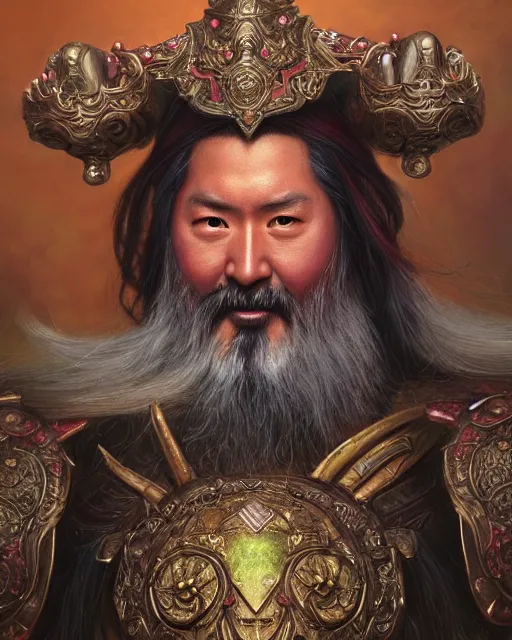 Image similar to guan yu portrait | highly detailed | very intricate | symmetrical | whimsical and magical | soft cinematic lighting | award - winning | closeup portrait | doll | painted by donato giancola and mandy jurgens and ross tran | pastel color palette | featured on artstation