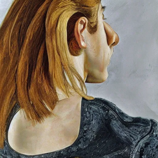 Image similar to high quality high detail painting by lucian freud, hd, angry girl looking back