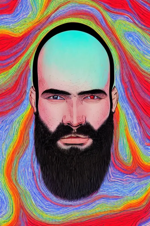 Image similar to a colorful closeup portrait of a young bald man with a very long wild beard dreaming psychedelic hallucinations in the vast icy landscape of antarctica, by kawase hasui, moebius and edward hopper, colorful flat surreal design, hd, 8 k, artstation