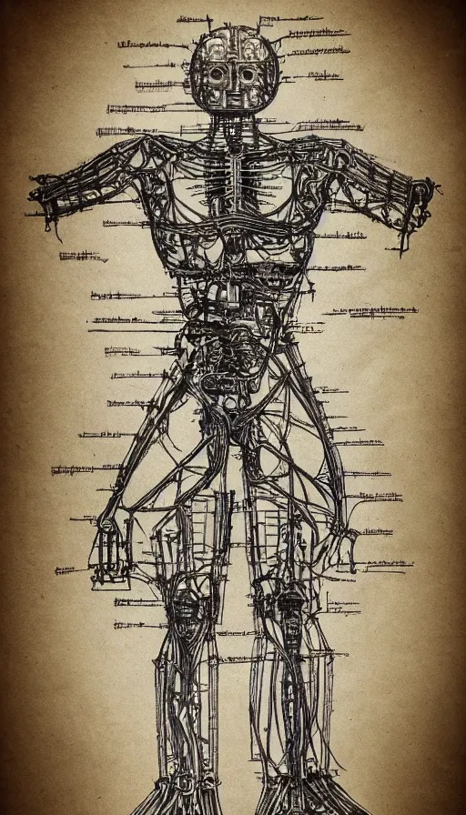 Image similar to full body of steampunk robot anatomy sketch by Leonardo da Vinci, the vitruvian man style, pencil drawing, old sketch, iphone wallpaper