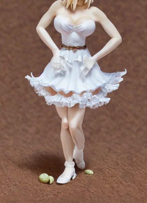 Image similar to Product Introduction Photos, 4K, Full body, 80mm resin detailed miniature of a very muscular lady in White and short lacy ruffled skirt, dark skin, Blonde hair