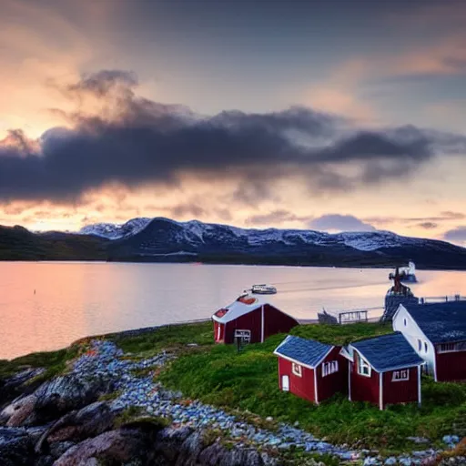 Image similar to overgrown norwegian village at the coast, sunset, arctic, beautiful, kids drawing