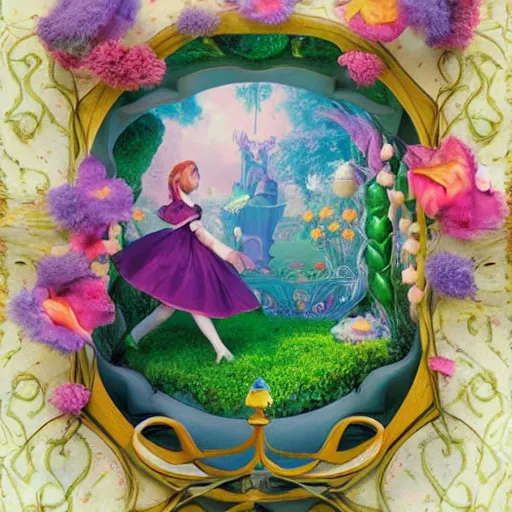 Image similar to alice in wonderland, art nouveau, by rachel ruysch and lisa frank, 8 k, sharp focus, octane render