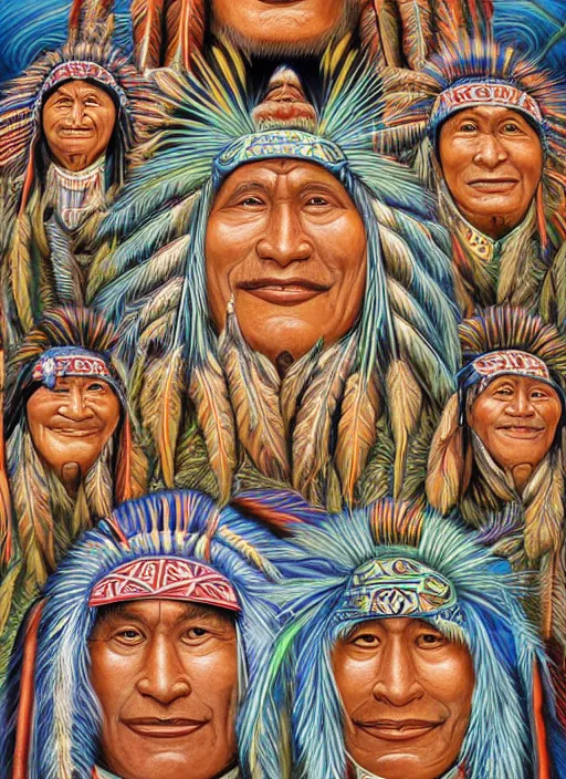 Image similar to faces of indigenous amazonian grandfathers and grandmothers spirits in the clouds, smiling, protection, benevolence, ancestors, detailed faces, symetrical, religious painting, art by alex gray