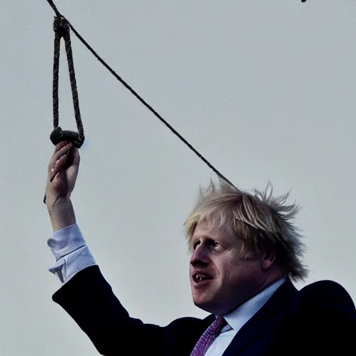 Prompt: Boris Johnson dangling from a rope from the sky