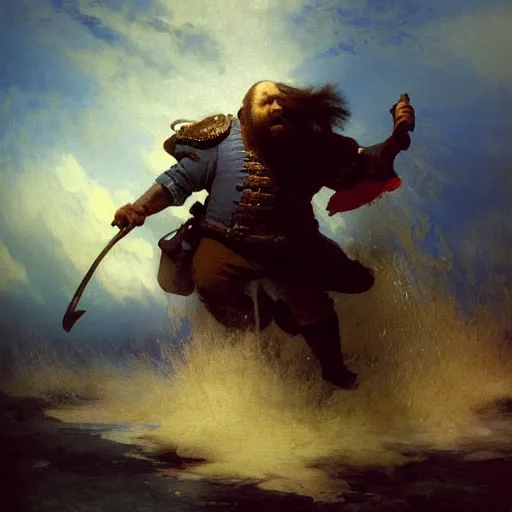 Image similar to art by ivan aivazovsky and syd mead and moebius and gaston bussiere and roger dean and pieter claesz and paul delaroche and alma tadema and aelbert cuyp and willem claesz, live action, a fantasy cinematic close up shot of a dwarf berserker firghting, warhammer, dnd, last stand