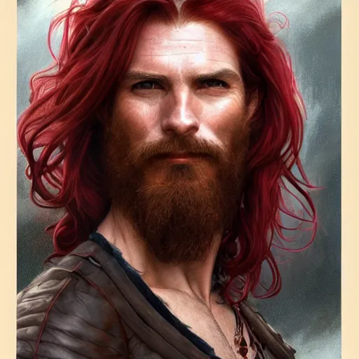 Prompt: portrait of a young ruggedly handsome but joyful pirate, male, muscular, masculine, upper body, red crimson crimson deep red hair, long long flowing hair, fantasy, proud smirk, intricate, elegant, highly detailed, digital painting, artstation, concept art, matte, sharp focus, illustration, art by artgerm and greg rutkowski and alphonse mucha