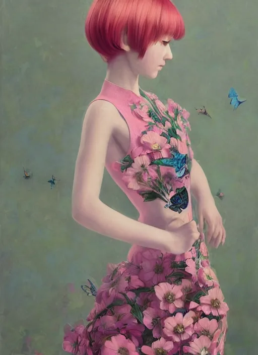 Prompt: beautiful little girl with an pink eccentric haircut wearing an dress made of butterfly, artwork made by ilya kuvshinov, inspired in donato giancola and balthus, hd, ultra realistic, reflection, flowers, light, realistic face, bird tattoo, trending on pixiv, 8 k, ray tracing, glorious