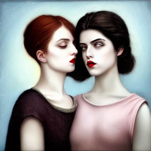 Image similar to a portrait of two women kissing in the style of tom bagshaw