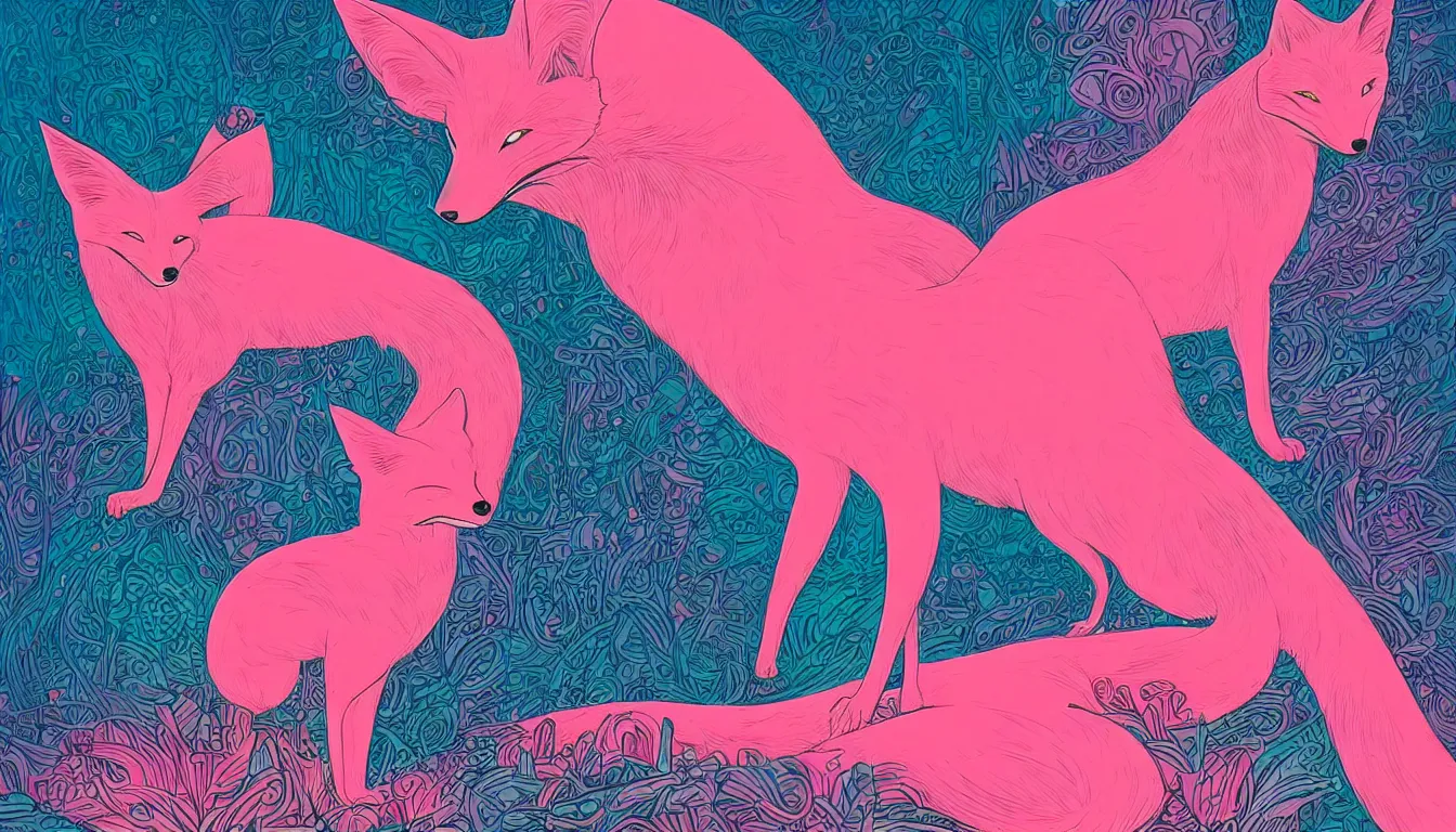 Image similar to pink cool fox by kilian eng, victo ngai, josan gonzalez