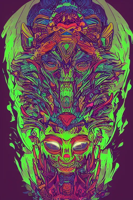 Image similar to totem animal mask tribal feather gemstone plant wood rock shaman vodoo video game vector illustration vivid multicolor borderlands comics by josan gonzales and dan mumford radiating a glowing aura