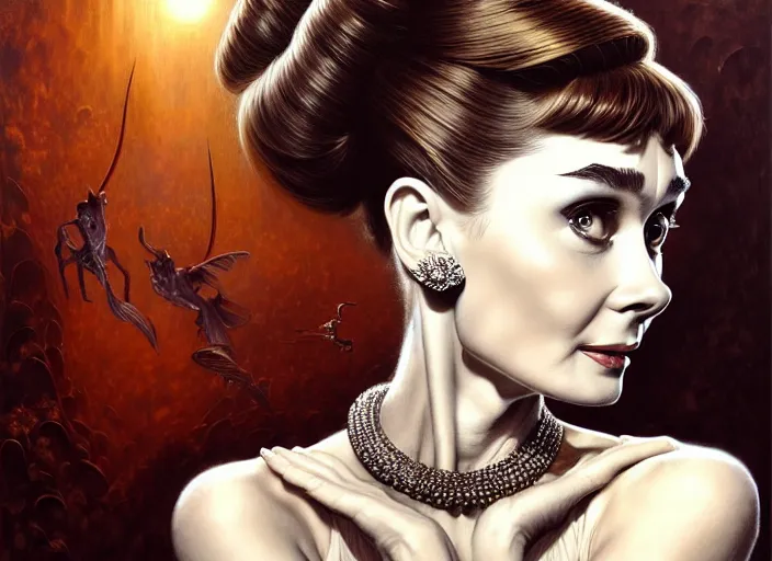 Image similar to wideangle!! portrait shot of audrey hepburn, intricate, elegant, highly detailed, centered, digital painting, artstation, concept art, smooth, sharp focus, illustration, artgerm, tomasz alen kopera, peter mohrbacher, donato giancola, joseph christian leyendecker, wlop, boris vallejo