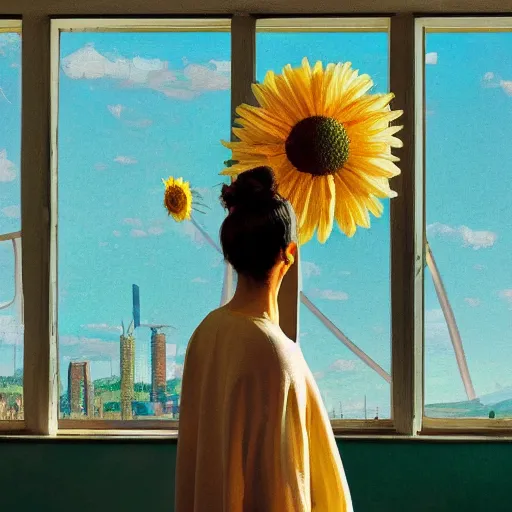 Image similar to giant daisy flower head, woman standing next to modern window in luxury loft, surreal photography, sunlight, impressionist painting, digital painting, artstation, simon stalenhag