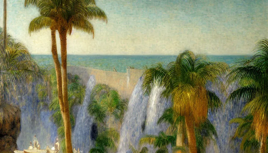 Image similar to a ultradetailed beautiful painting of the diamonds waterfall in the amazonas palace balustrade designed by jules bastien - lepage, tarsila do amaral, frank weston and gustave baumann, beach, trending on artstation, mediterranean, palm trees, sharp focus, soft light, 8 k 4 k