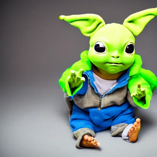 Image similar to baby yoda grogu, dressed in a pickachu costume, studio lighting, professional photoshoot, masterpiece