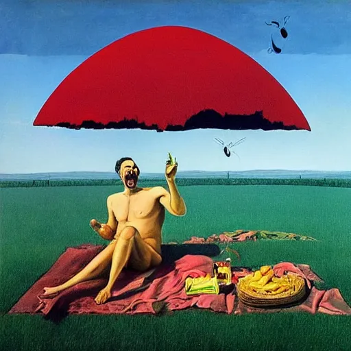 Prompt: a happy man having a picnic on a nice day, surrealist art in the style of salvador dali and zdzisław beksinski, highly detailed, trending on wikiart