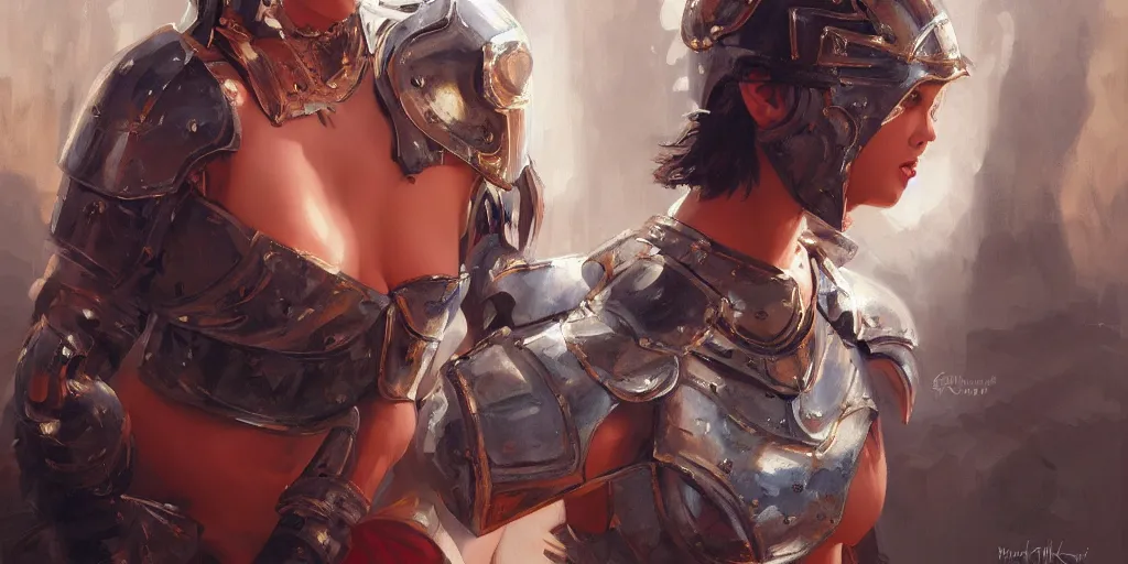 Image similar to an ultradetailed beautiful portrait panting of an attractive buff woman wearing knight armour, oil painting, fantasy art, by ilya kuvshinov, greg rutkowski and makoto shinka