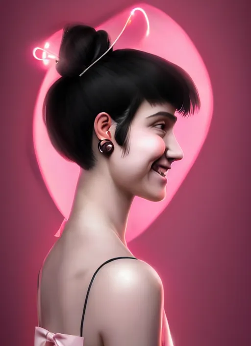 Image similar to portrait of high school girl, realistic, black hair, bangs, half updo hairstyle, pointy nose, skinny, smile, ugly, defined jawline, big chin, pink hair bow, earrings, intricate, elegant, glowing lights, highly detailed, digital painting, artstation, sharp focus, illustration, art by wlop, mars ravelo and greg rutkowski