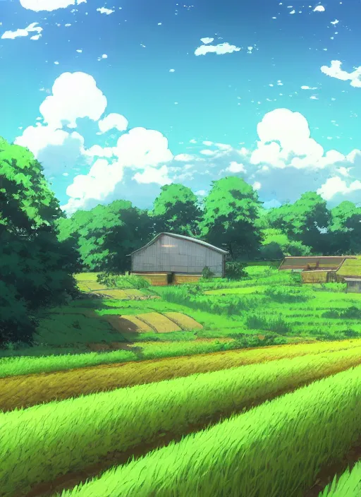 Image similar to beautiful farm with crops in neat rows by makoto shinkai