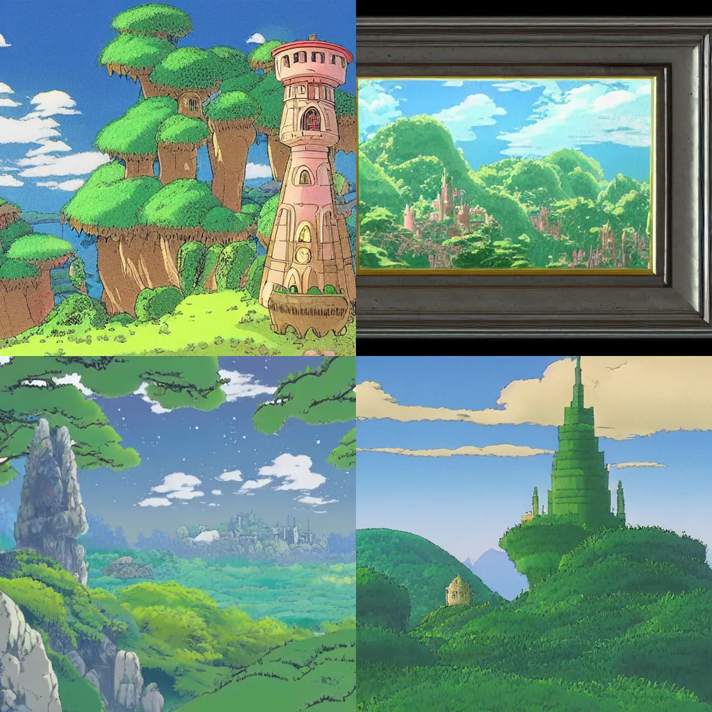 Prompt: Lush landscape, fantasy castles in distance by studio ghibli