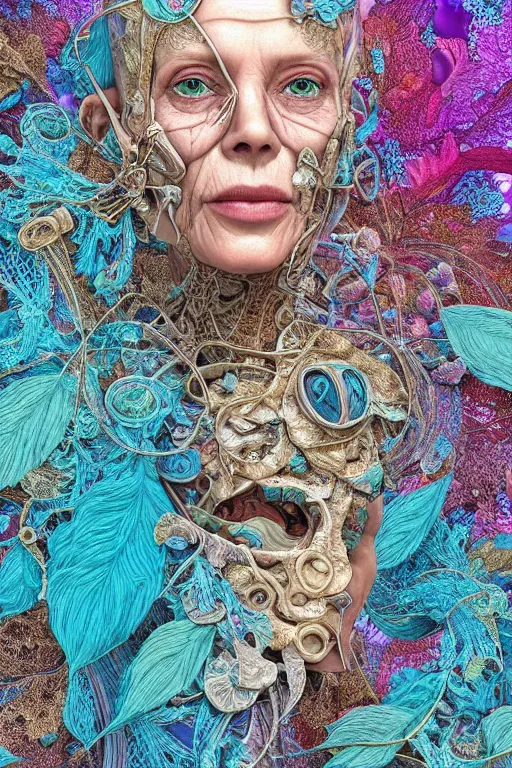 Prompt: cinema 4d colorful render, organic, ultra detailed, of a beautiful nacre old woman face, translucid. biomechanical cyborg, analog, macro lens, beautiful natural soft rim light, big leaves and stems, roots, fine foliage lace, turquoise gold details, Alexander Mcqueen high fashion haute couture, art nouveau fashion embroidered, intricate details, mesh wire, mandelbrot fractal, anatomical, facial muscles, cable wires, elegant, hyper realistic, in front of dark flower pattern wallpaper, ultra detailed, 8k post-production