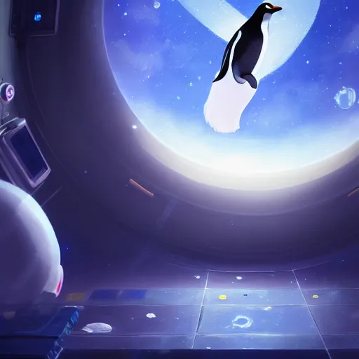Image similar to magical penguin in a space station looking at the earth , realistic cinematic, volumetric lighting, centered, symmetrical, sharp focus, digital painting, mystical art, smooth, trending on Artstation, 4k