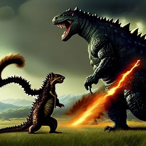 Image similar to godzilla fighting a giant muscular squirrel and a giant gay lizard in a field, 4 k, detailed, smooth lighting, art by greg rutkowski, intense lighting