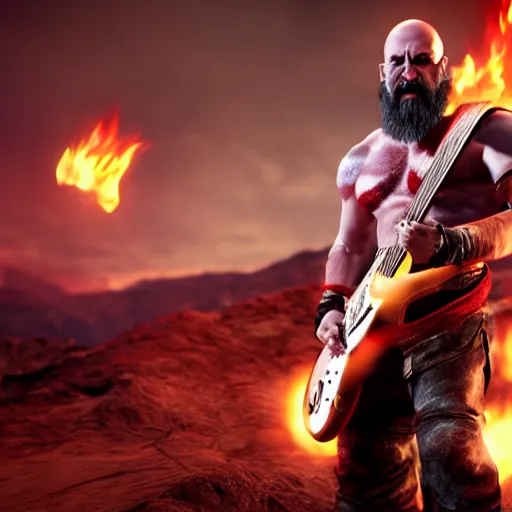 Image similar to kratos shredding on a flaming stratocaster guitar, cinematic render, god of war 2 0 1 8, santa monica studio official media, lightning, spartan rage, red stripe eye