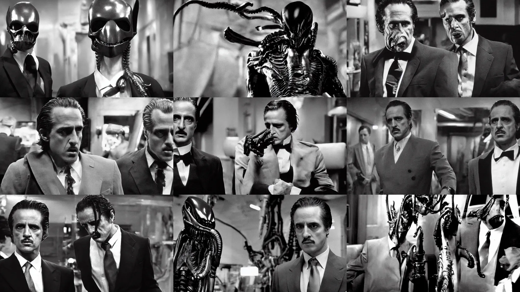 Prompt: xenomorph wearing a suit, godfather, cinematic, movie film still