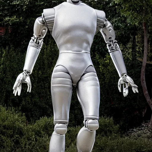 Prompt: a realistic detailed photo of a guy who is an attractive humanoid who is half robot and half humanoid, who is a male android, wrestler a. j. ferrari, shiny skin, posing like a statue, blank stare, by the pool, on display, showing off his muscles, humanoid robot, frozen ice statue