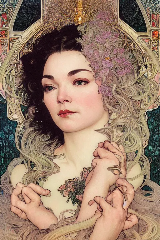 Prompt: Björk, sensual woman, realistic detailed face portrait of Madonna by Alphonse Mucha, Ayami Kojima, Amano, Charlie Bowater, Karol Bak, Greg Hildebrandt, Jean Delville, and Mark Brooks, Art Nouveau, Neo-Gothic, gothic, rich deep moody colors, full body portrait