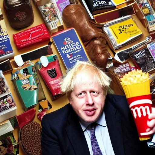 Prompt: boris johnson shows off his mcdonald's collection, he seems aroused, press photograph