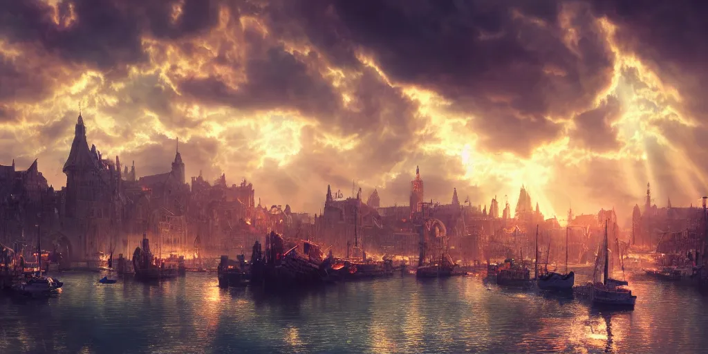Prompt: beautiful seventeenth century harbour city, vivid colors, gorgeous clouds, god rays, digital art, landscape, fantasy art, octane render, ureal engine, high detail, very realistic, by ross tran
