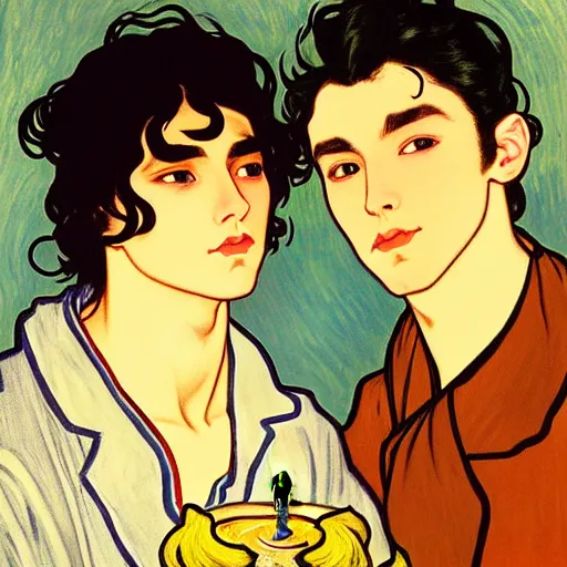 Image similar to painting of young cute handsome beautiful dark medium wavy hair man in his 2 0 s named shadow taehyung and cute handsome beautiful min - jun together at the halloween party, bubbling cauldron, candles, smoke, tarot, autumn colors, elegant, stylized, soft facial features, delicate facial features, art by alphonse mucha, vincent van gogh, egon schiele