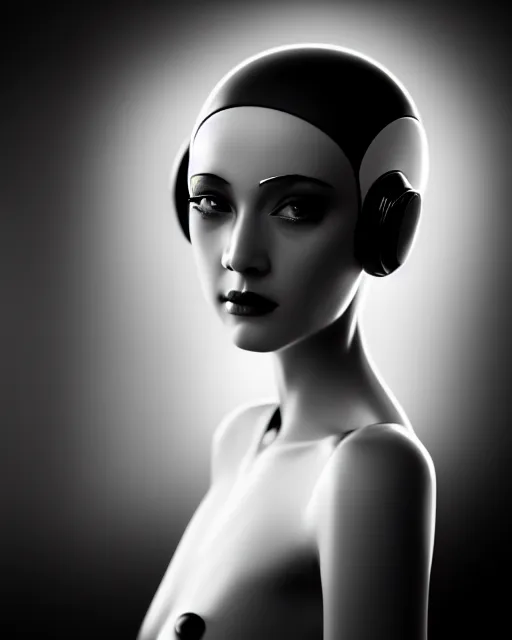 Image similar to black and white dreamy young beautiful female artificial intelligence, metropolis, cinematic, rim light, bokeh, photo - realistic, elegant, high detail, 8 k, masterpiece, photo taken in 1 9 3 0