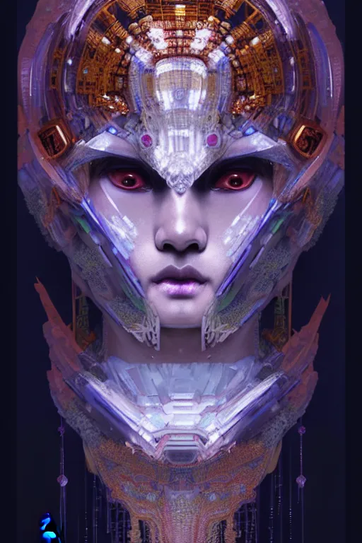 Image similar to asura from chinese myth, ghost, gorgeous and huge head ornaments, dystopian, cyberpunk, organic fractal mycelum and fungi, mecha, halfturn portrait of a big crystal face made of crystals half - turn, ominous, intricate, studio, art by anthony macbain + greg rutkowski + alphonse mucha, concept art, 4 k, sharp focus