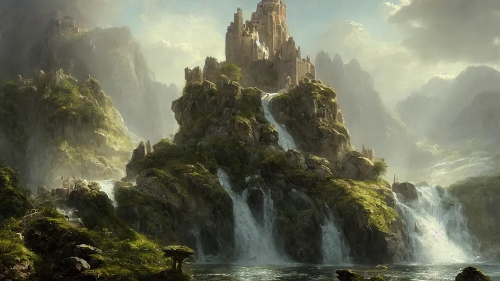 Image similar to elven stone castle above the great alpine waterfall. andreas achenbach, artgerm, mikko lagerstedt, zack snyder, tokujin yoshioka