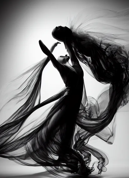 Image similar to a Photorealistic dramatic hyperrealistic render of a beautiful Female smoke dancer by Ken Brower and Deborah Ory of NYC Dance project,Lois Greenfield,Flowing cloth and smoke,Beautiful dynamic dramatic dark moody lighting,volumetric,shadows,cinematic atmosphere,Octane render,8K