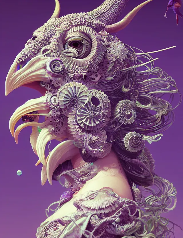 Image similar to 3 d goddess close - up profile solarpunk portrait ram skull. beautiful intricately detailed japanese crow kitsune mask and clasical japanese kimono. betta fish, jellyfish phoenix, bio luminescent, plasma, ice, water, wind, creature, artwork by tooth wu and wlop and beeple and greg rutkowski