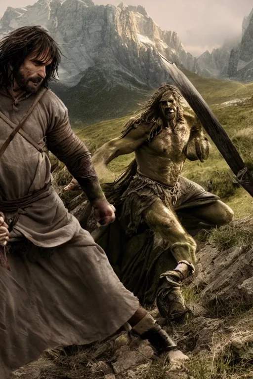 Prompt: aragorn fighting orc on a mountain, 4k,