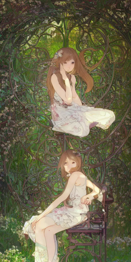 Image similar to a digital art of a loli with long hair in a dress sitting on a metal garden chair in the privet garden at afternoon, green and warm theme, back lighting, by mucha and akihito yoshida and greg rutkowski and makoto shinkai, extremely long shot, detailed eyes, 4 k resolution, trending on art station