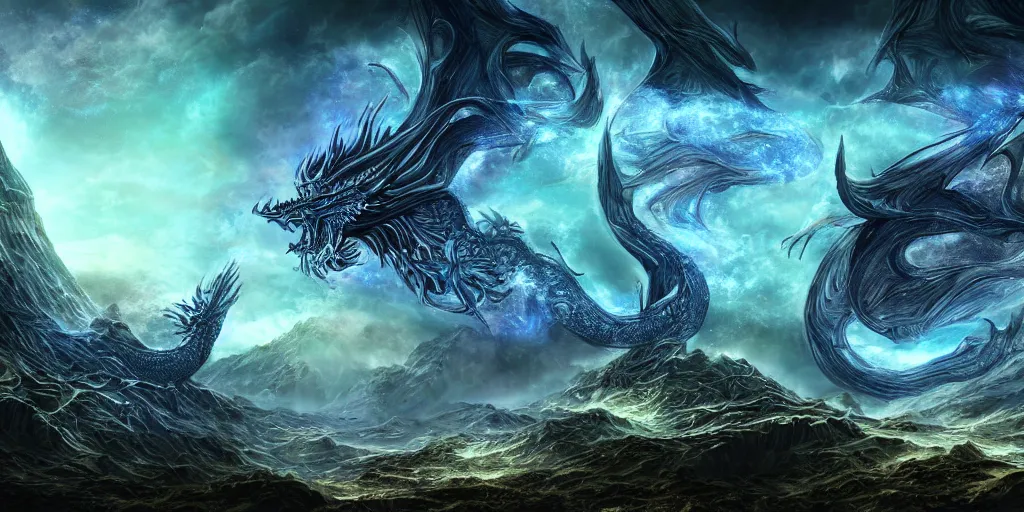 Prompt: cosmic dragon den, fantasy apocalypse, digital art, 4 k