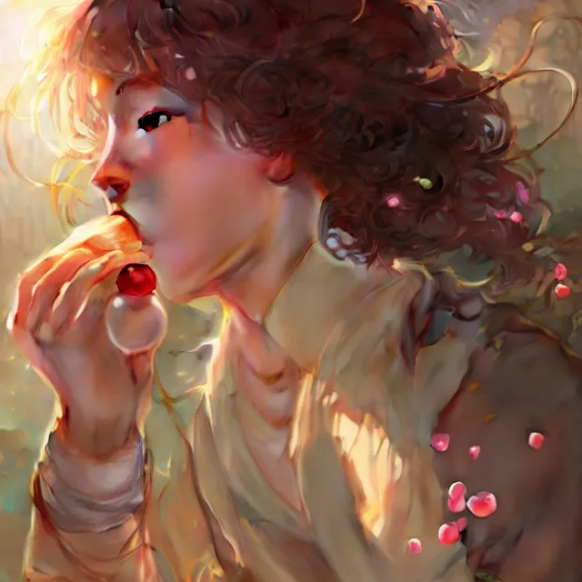 Prompt: 1 wlop and krenz cushart and alfons mucha detailed close portrait digital concept, a girl blowing a bubblegum, sunbeam, unreal engine, hyperrealism, cinematic composition, blender render, octane render, hdr, detailed textures