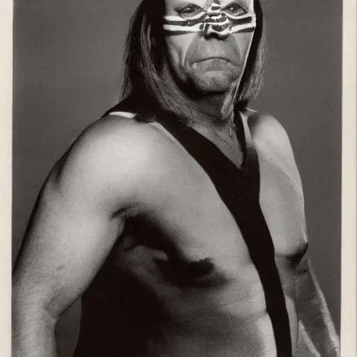 Prompt: Sears portrait studio photo of 1980's World Wrestling Federation villain named 'Wild Turkey'