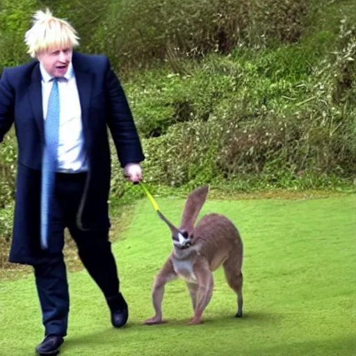 Prompt: Boris Johnson walking his pet kangaroo, adorable, cute, realistic, 4K, HD