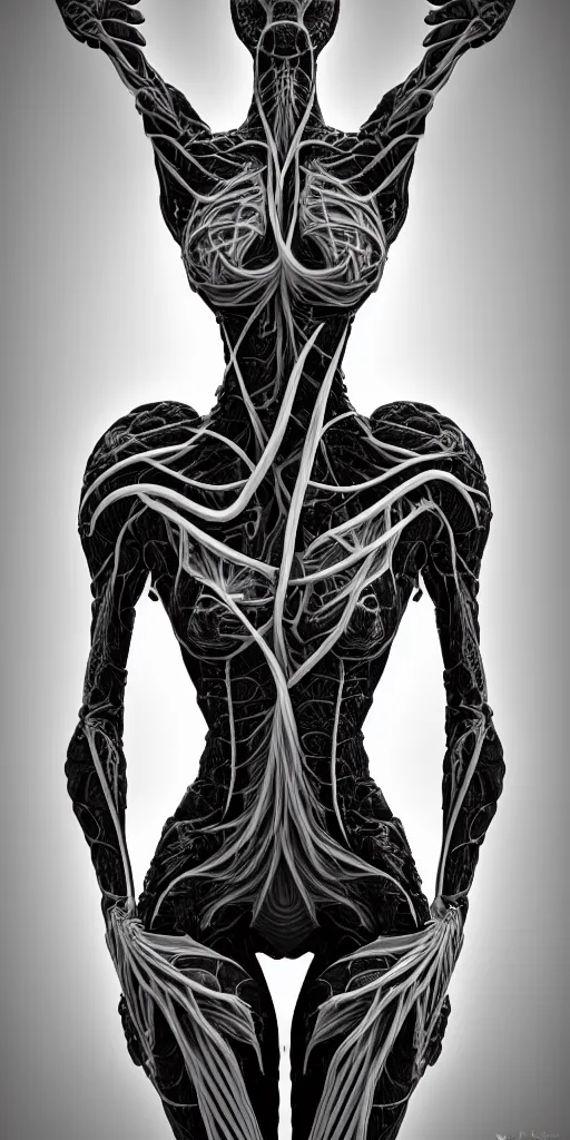 Image similar to a black and white 3D render of a full figure young female angelic-dragon-cyborg with a very long neck, Mandelbrot fractal, anatomical, flesh, facial muscles, veins, arteries, full frame, microscopic, elegant, highly detailed, flesh ornate, elegant, high fashion, rim light, 150 mm lens, octane render in the style of H.R. Giger and Man Ray, Realistic, Refined, Digital Art, Highly Detailed, Cinematic Lighting, rim light, photo-realistic Unreal Engine, 8K