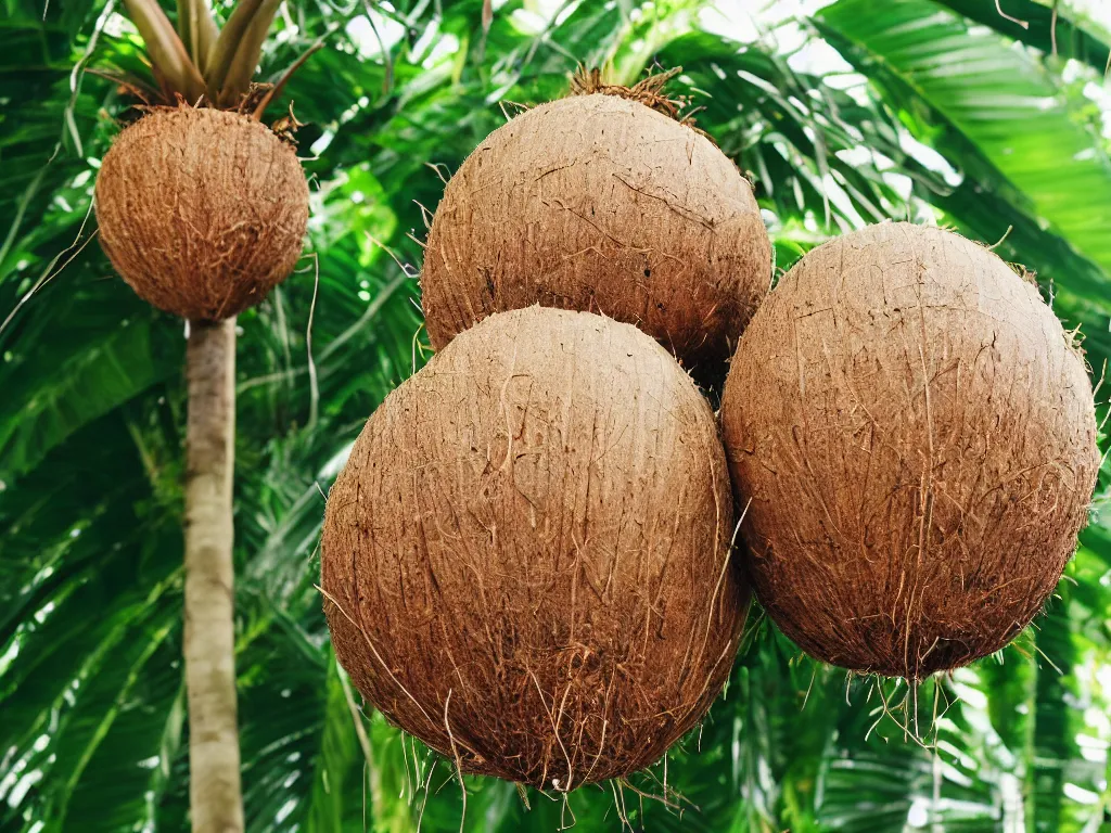 Prompt: a coconut with a palm tree growing inside of it,