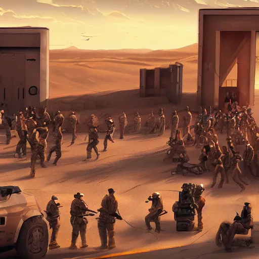 Image similar to large crowd locked down stopped put down | locked down government security facility military gate | in the hot desert trending on artstation digital paint 4 k render