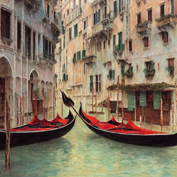 Image similar to venetian gondolas in the style of vrubel, pastel colors, chiaroscuro, bleached colors, cold shades, perfect beautiful, palette knife