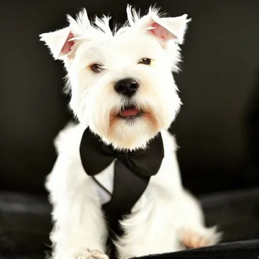 Prompt: West highland white terrier in a tuxedo drinking scotch